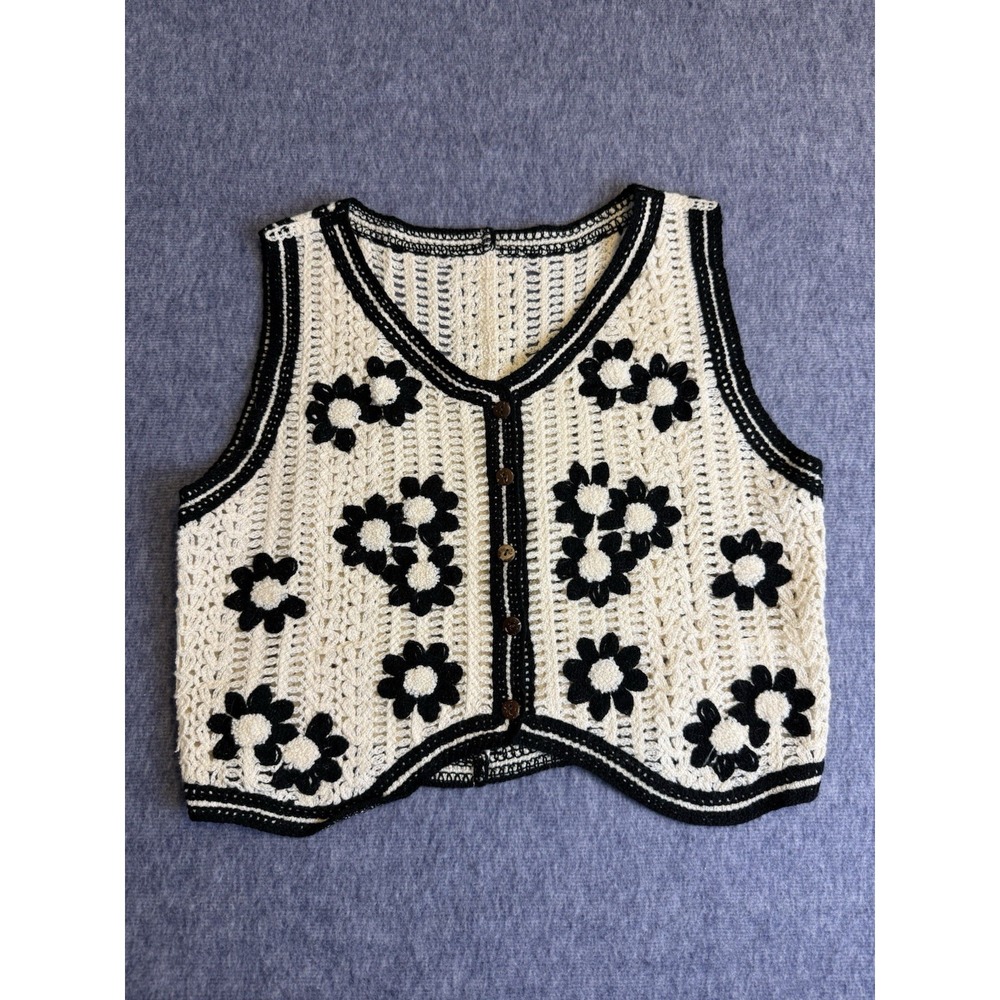 Women's Floral Crochet Knit‎ Cardigan S Small Ivory Black Cropped Boho Hippie